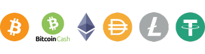 Crypto (Bitcoin, Bitcoin Cash, Ethereum, Dogecoin, Litecoin, USDT) payment logo